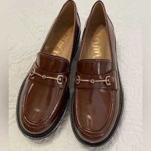 Sam Edelman Laurs Mocha Leather Rounded Toe Slip On Chunky Heel Classic Loafers